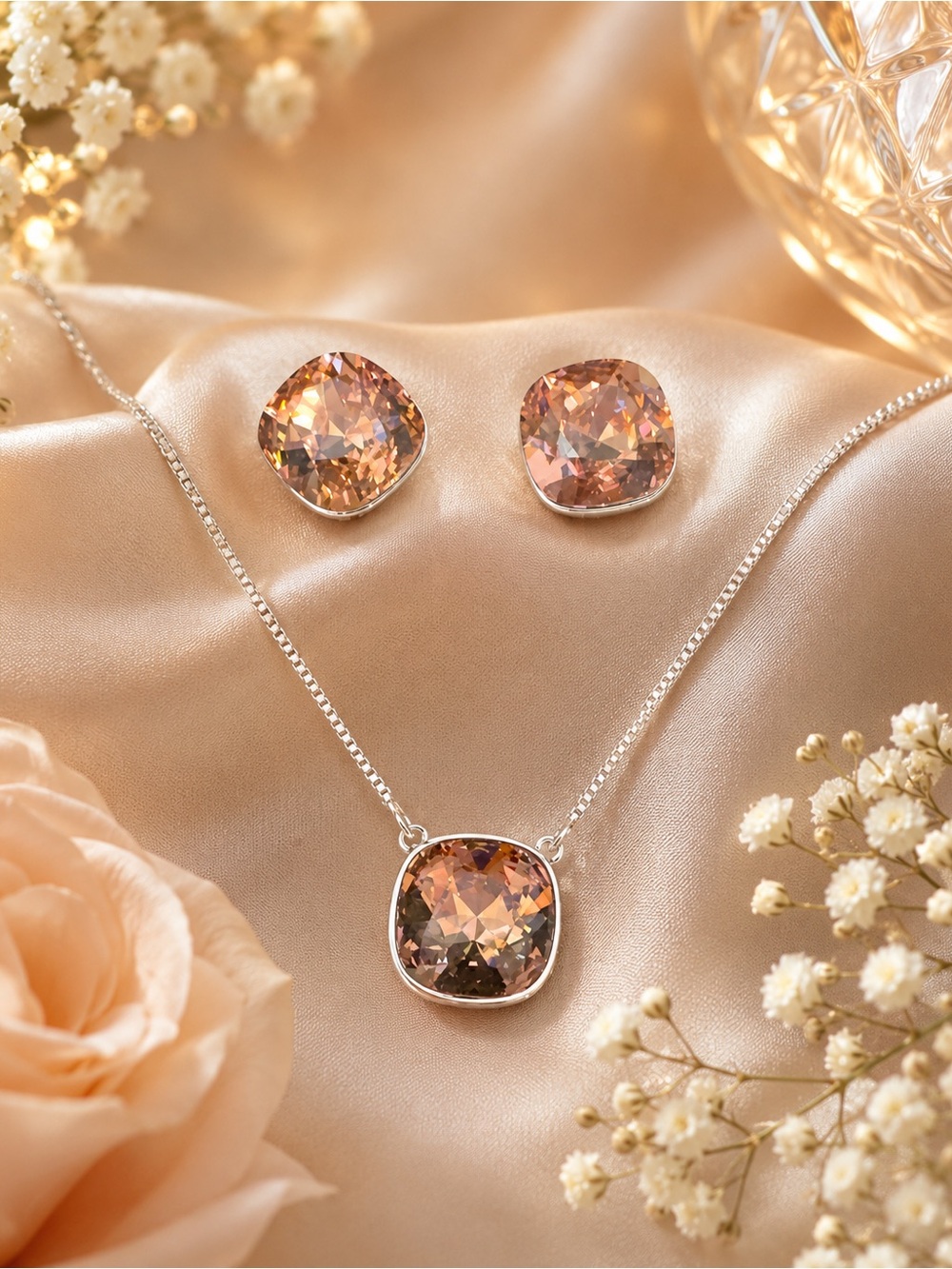 NWT Rose Gold Swarovski Crystal Necklace and Stud Earrings Set